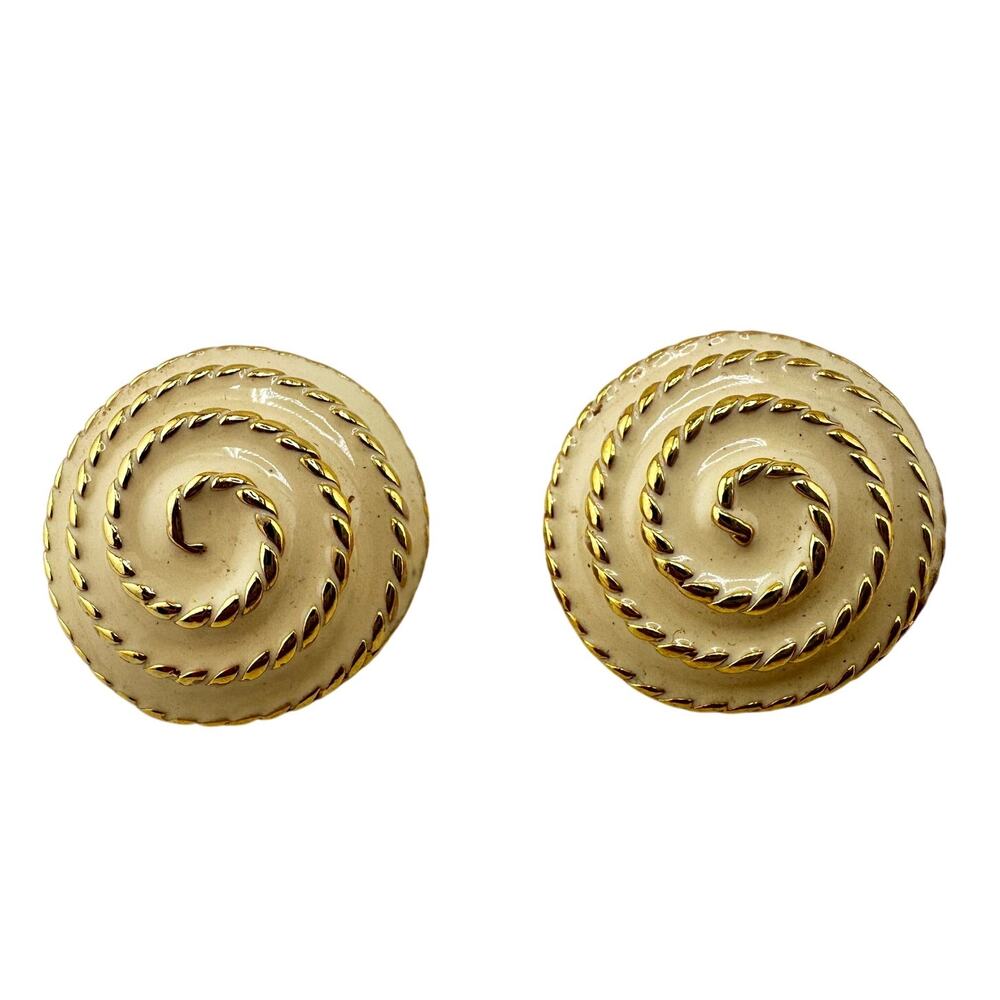 Vintage Cream Enamel Gold Tone Rope Signed TAT Dome Chic Stud 1" Earrings